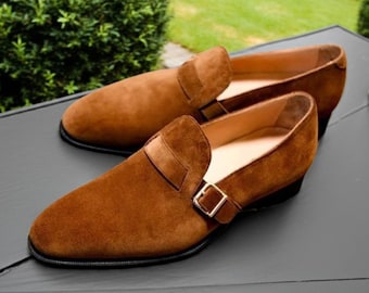 Handmade Tan Suede Leather Monk Strap Shoes: Men's Party Dress Shoes