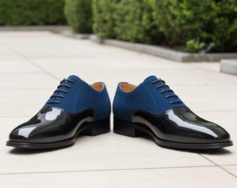 Handmade Mens Oxford Dress Shoes Blue Suede & Black Patent Leather Luxury Formal Wedding Shoes
