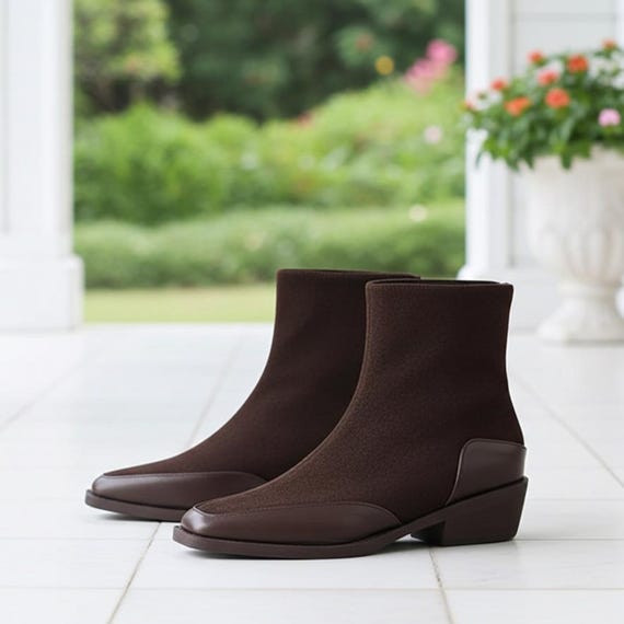 brown dress boots low heel Leather Pointed Toe Booties improves posture casual shoes TOP Moda EC89 Women's Foldover