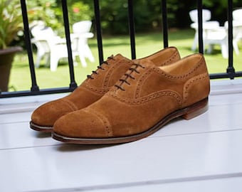 Handmade Tan Suede Brogue Shoes: Leather Oxford Dress Shoes