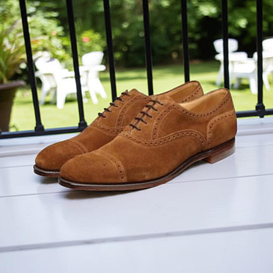 Handmade Tan Suede Brogue Shoes: Leather Oxford Dress Shoes  display picture 2