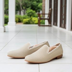 White and Tan Slip-On Loafers with Textured Fabric Old Money Men main image 4