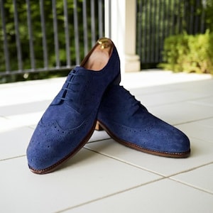 Stylish Men Blue Suede Wingtip Brogue Derby Shoes Handmade Leather Dress Shoes