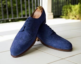Blue Suede Wingtip Derby Brogue Men Handmade Leather Formal Dress Shoes Luxury