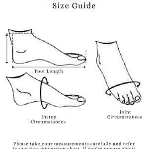 May include: A size guide illustration with foot diagrams for measuring foot length, instep, and joint circumstances. The text includes "LEATHER LIFESTYLE STUDIO" and "Size Guide". Instructions advise careful measurement for shoe sizing.