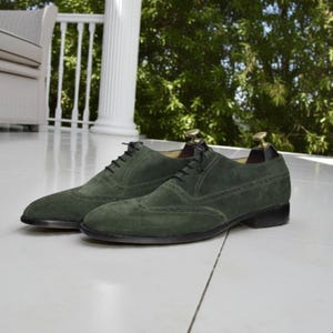 Green Suede Brogue Shoes: Handmade Men&#39;s Wedding Dress Shoes