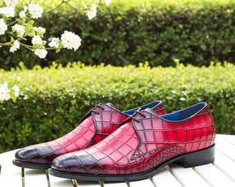 Handmade Burgundy Crocodile Embossed Derby Shoes | Luxury Men’s Holiday Leather Dress Shoes