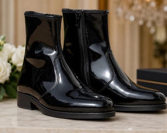 Black Patent Leather Ankle Boots, Handmade Side-Zip Formal Dress Boots