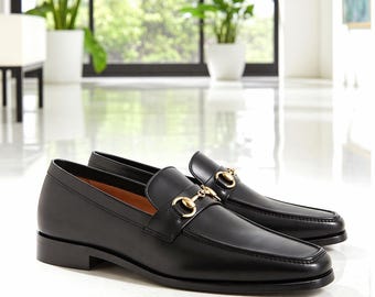 Luxury Black Leather Horsebit Loafers for Men | Gold Horsebit Formal Slip-On Shoes