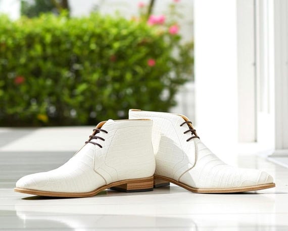 Handmade Crocodile Embossed Leather White Dress Boots - Men's Luxury White Formal Boot