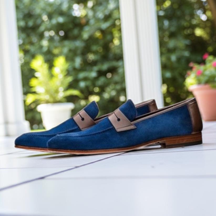 Handmade Blue Suede & Brown Leather Penny Loafers: Men display picture 3