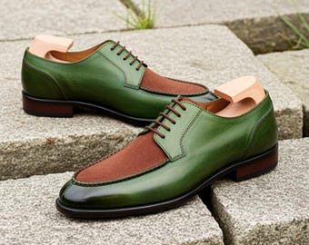 Handmade Green & Brown Oxford Shoes | Men’s Two-Tone Formal Lace-Up Dress Shoes