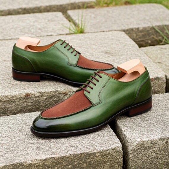 Handmade Green & Brown Oxford Shoes | Men's Two-Tone Formal Lace-Up Dress Shoes Handmade Green & Brown Oxford Shoes | Men's Two-Tone Formal Lace-Up Dress Shoes