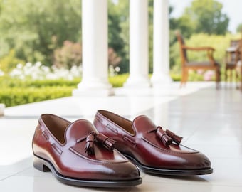 Handmade Burgundy Tassel Loafers Men Luxury Leather Slip On Dress Shoes