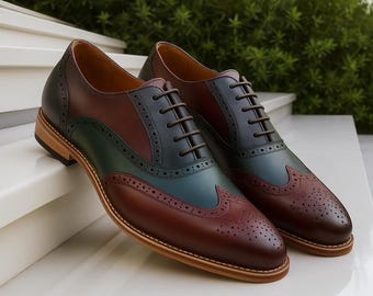 Handmade Leather Multi-Color Oxford Brogue Shoes: Brown, Green