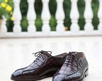 Handmade Brown Crocodile Oxford Shoes | Luxury Leather Dress Shoes for Men