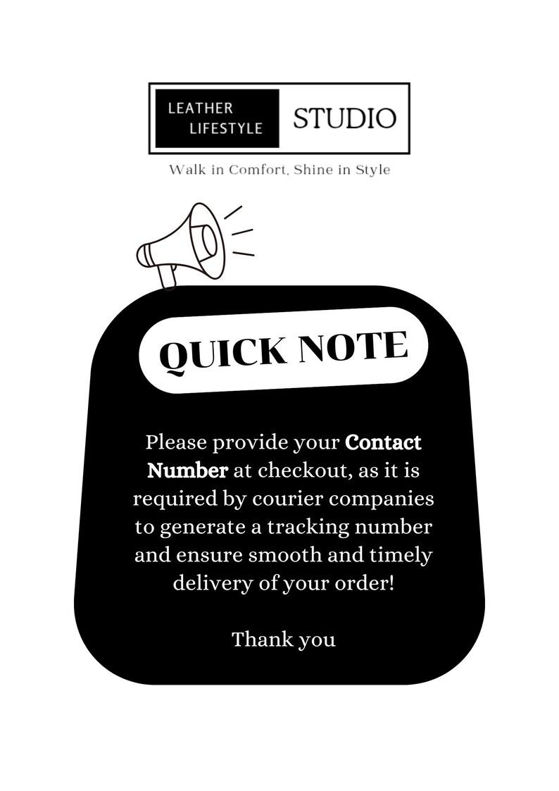Puede incluir: Gr&aacute;fico en blanco y negro con el texto "LEATHER LIFESTYLE STUDIO" y "Walk in Comfort, Shine in Style". Un gr&aacute;fico de meg&aacute;fono est&aacute; encima de un &oacute;valo negro con las palabras "QUICK NOTE". El texto solicita un n&uacute;mero de contacto.