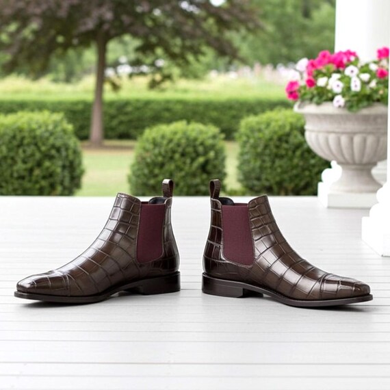 Handmade Crocodile Embossed Brown Chelsea Boots | Luxury 