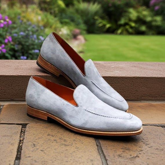 men's grey dress shoes loafers Gray Suede Slip On Men Handmade Leather Minimal Formal argentine tango dress