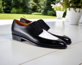 Weiß Schwarz Derby Schuhe Männer Handgefertigte Leder Zwei Ton-formale Hochzeitsschuhe
