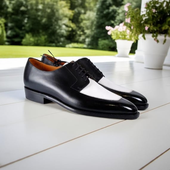 White Black Derby Shoes Men Handmade Leather Two Tone Formal Wedding Dress Shoes