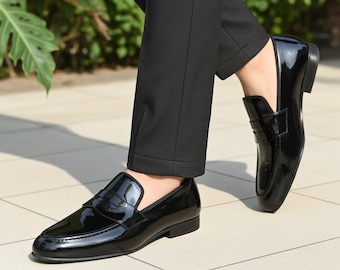 Men’s Black Patent Penny Loafers – Handmade Sleek Glossy Slip-On Formal Dress Shoes