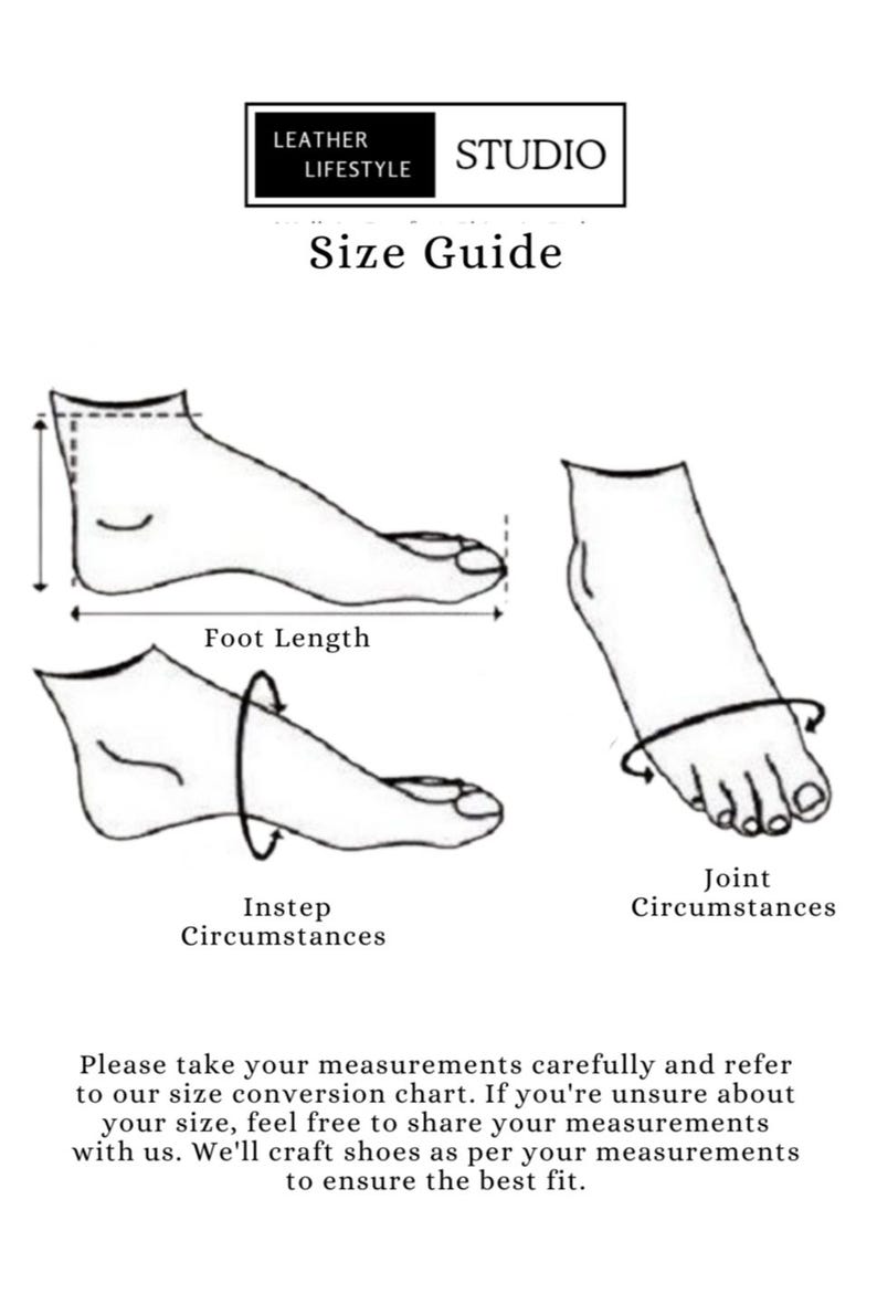 Op de afbeelding: Illustratie van een schoenmatengids met de tekst "LEATHER LIFESTYLE STUDIO" en "Maattabel". Diagrammen tonen de metingen voor voetlengte, wreef en gewrichtsomtrek. De tekst moedigt klanten aan om maten te delen voor een aangepaste schoenmaat.