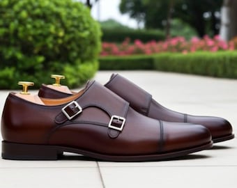 Handmade Brown Double Monk Strap Dress Shoes for Men – Luxury Leather Wedding & Formal Shoes