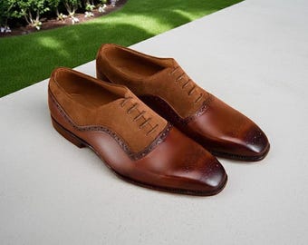 Handmade Brown Leather Suede Oxford Brogue Shoes: Men's Formal Dress Shoes