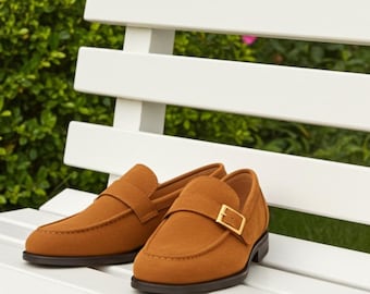 Handmade Tan Suede Buckle Loafers for Men | Luxury Slip-On Dress Shoes Gift Edition