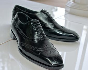 Black Wingtip Brogue Oxford Shoes Men Handmade Leather Formal Dress Shoes