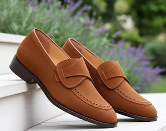 Tan Brown Slip On Loafers Men Handmade Leather Formal Business Dress Shoes Luxury