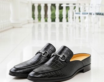 Handmade Black Crocodile Embossed Leather Horsebit Mules for Men | Luxury Backless Slip-On Loafers