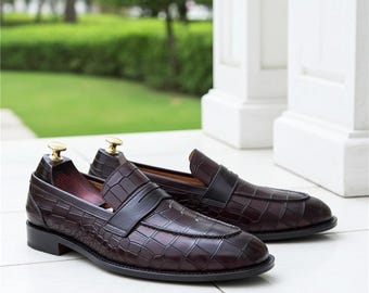 Handmade Oxblood Crocodile Embossed Leather Loafers for Men | Luxury Dress Shoes