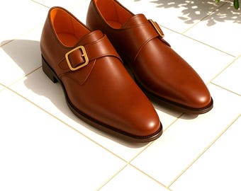 Handmade brown Leather Monk Strap Shoes – Elegant Slip-On Dress Shoes with Gold Buckle