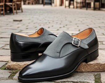 Black Grey Monk Strap Shoes Men Handmade Leather Formal Dress Designer Shoes