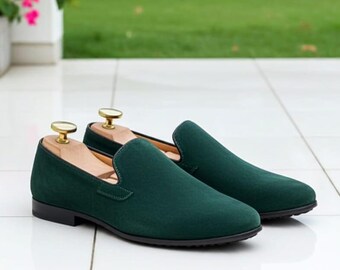 Green Suede Slip On Loafers Men Handmade Leather Dress Shoes Designer Statement Footwear