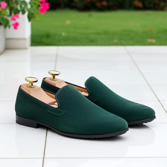 green suede dress shoes Lorenzo, Belgian Loafer - Castorino Suede Bottle Green