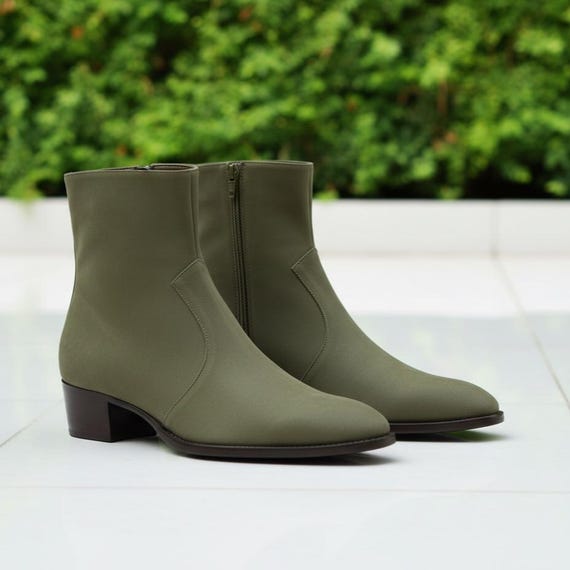 Handmade Olive Green Ankle Boots for Men Leather Sole Zip Boot Minimalist Dress Boot