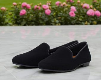 Black Suede Slip-On Leather Loafers – Handmade Formal Party Shoes for Men