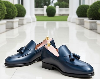 Handmade Navy Tassel Loafers for Men- Luxury Formal Slip-On Dress Shoes