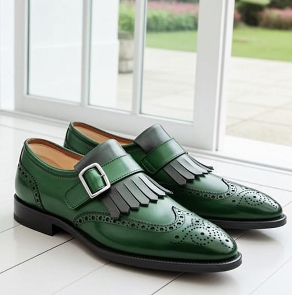 green men dress shoes Handmade Leather Fringe Monk for – Luxury Wingtip Brogue Shoes men wear green formal shoes