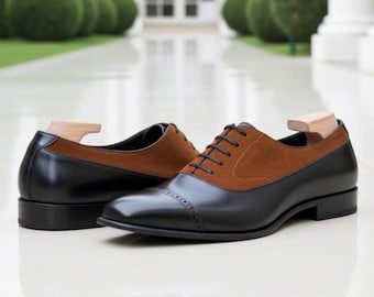 Handgemaakte leren oxfordschoenen voor heren | Tweekleurige zwartbruine geklede schoenen