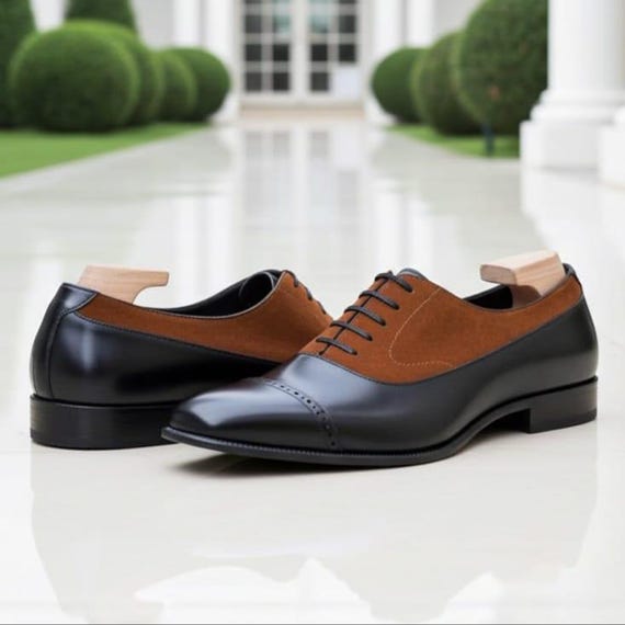 Tan and Black Oxfords with Leather Upper Handmade Tan Suede and Black Leather Oxford Shoes - Men main image 4