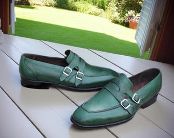 Handmade Green Leather Double Monk Strap Dress Shoes: Men's Wedding Formalwear