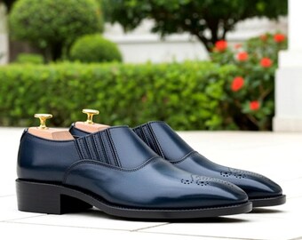 Elegant Navy Blue Leather Slip-On Shoes for Men | Handmade Formal Wedding & Party Footwear