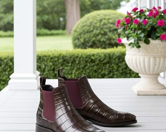 Handmade Crocodile Embossed Brown Chelsea Boots | Luxury  display picture 1
