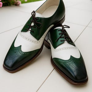 Handmade Spectator Oxford Shoes: Green & White Leather Wedding Shoes