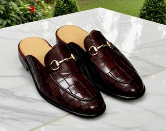 Handmade Brown Crocodile Embossed Leather Horsebit Mule Loafers for Men