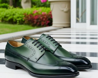 Handmade Green Leather Wingtip Brogue Shoes for Men | Luxury Holiday Oxford Dress Shoes